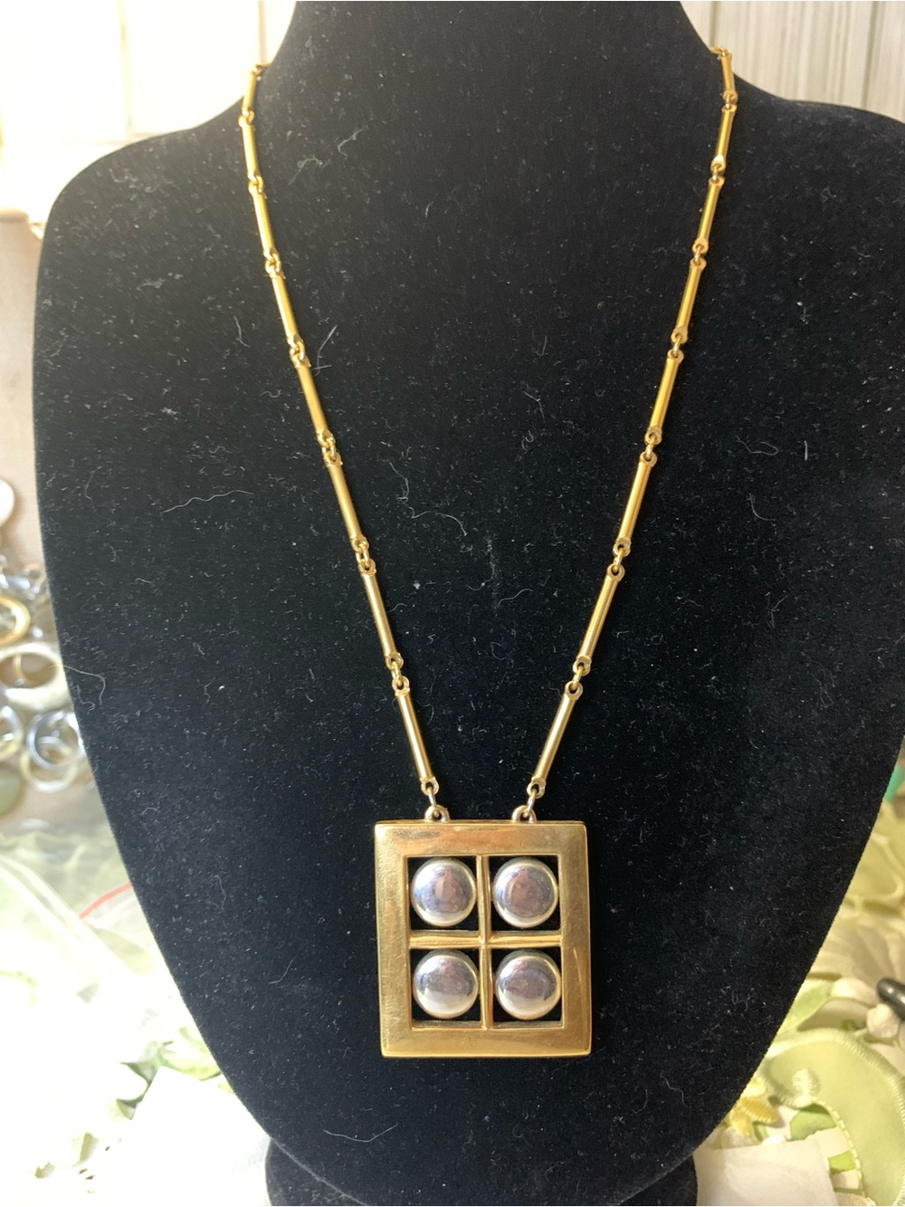 Vintage Gold-Tone Square Pendant Necklace with Silver Accent Domes 1987